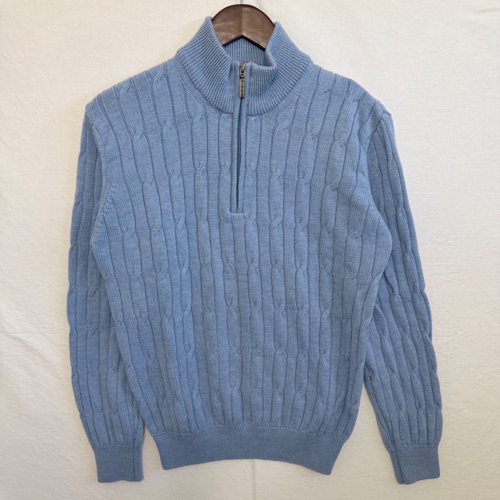 Fabio D Merino Wool Sweater Blue Cable Knit Quarter Zip Made Italy Mens